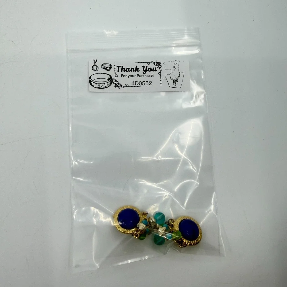 Blue Teal Green Beaded Clip On Earrings Gold Tone Cabochon Boho Statement Gift